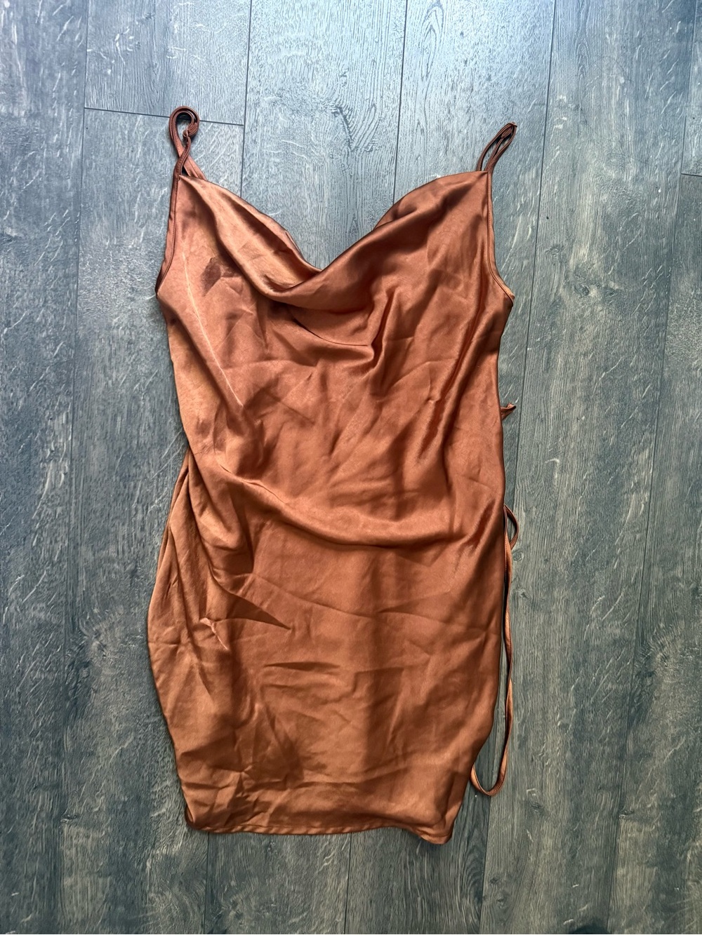 Satin Cowl Neck Slip Dress in Copper Brown